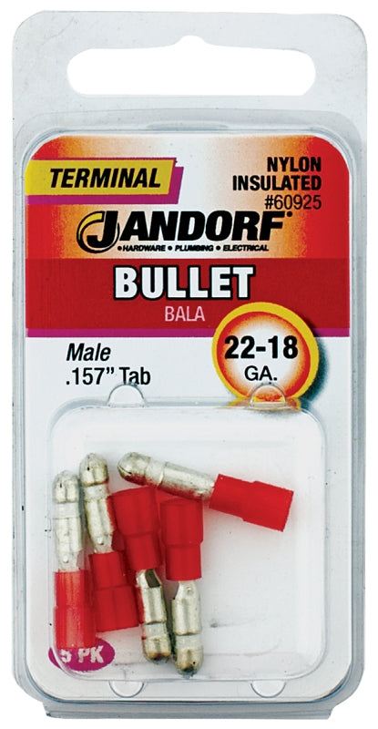 Jandorf Bullet Terminal, 600 V, 22 to 18 AWG Wire, Nylon Insulation, Copper Contact, Red, 5/PK #60925