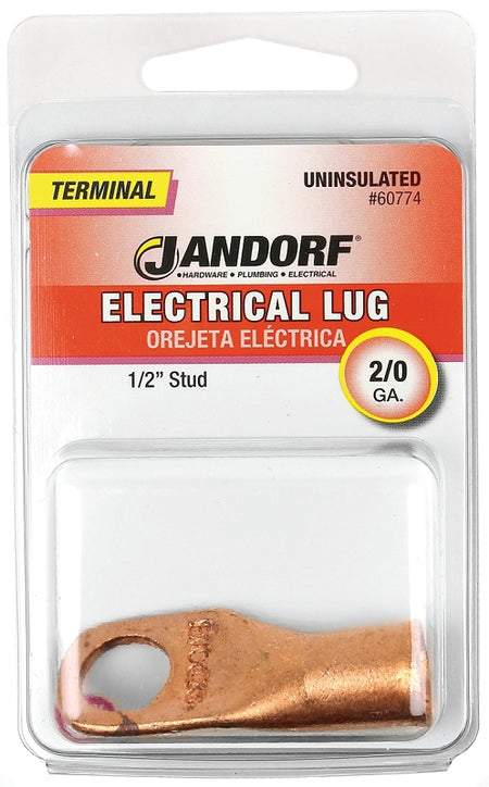 Jandorf Electrical Lug, 2/0 AWG Wire, 1/2 in Stud, Copper Contact, Brown #60774