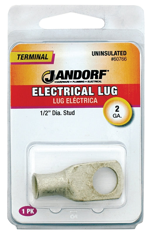 Jandorf Electrical Lug, 2 AWG Wire, 1/2 in Stud, Copper Contact #60766