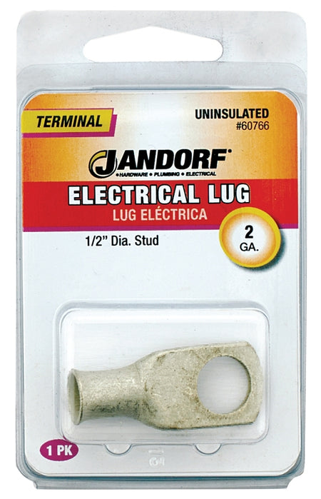 Jandorf Electrical Lug, 2 AWG Wire, 1/2 in Stud, Copper Contact #60766