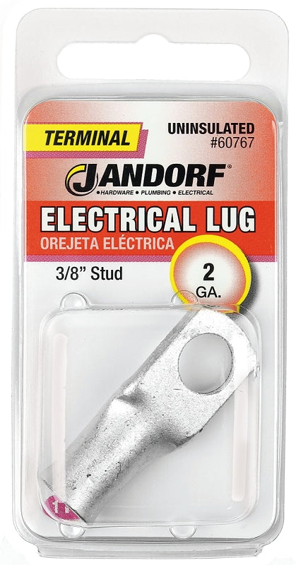 Jandorf Electrical Lug, 2 AWG Wire, Copper Contact, Tin Contact Coating, 3/8 in Stud #60767
