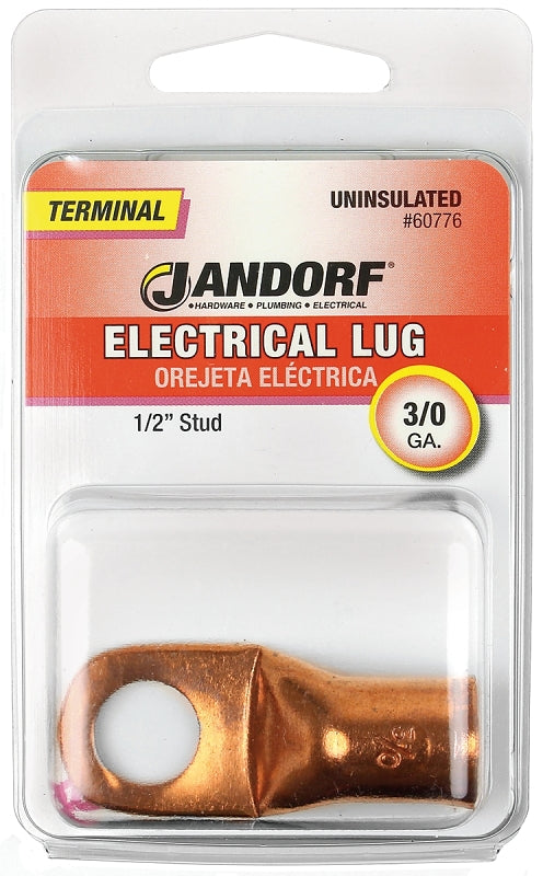 Jandorf Electrical Lug, 3/0 AWG Wire, 1/2 in Stud, Copper Contact, Brown #60776