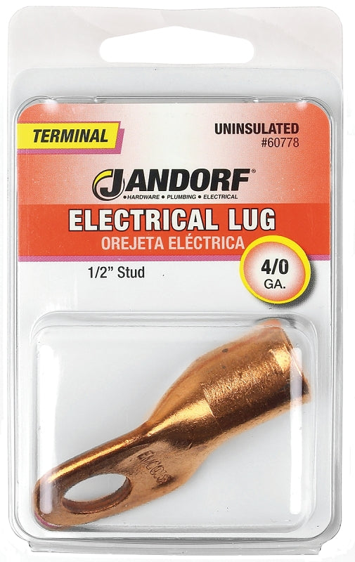 Jandorf Electrical Lug, 4/0 AWG Wire, 1/2 in Stud, Copper Contact, Brown #60778