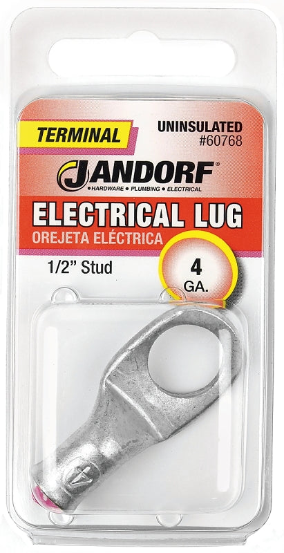 Jandorf Electrical Lug, 4 AWG Wire, Copper Contact, Tin Contact Coating, 1/2 in Stud #60768