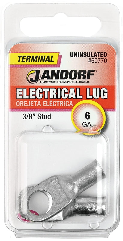 Jandorf Electrical Lug, 6 AWG Wire, Copper Contact, Tin Contact Coating, 3/8 in Stud #60770