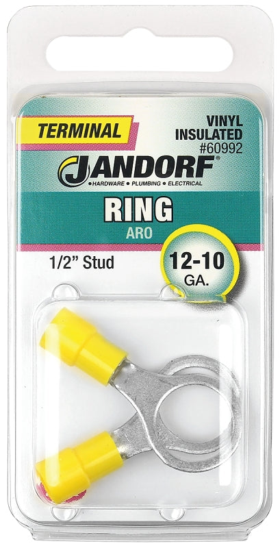 Jandorf Ring Terminal, 12 to 10 AWG Wire, 1/2 in Stud, Yellow #60992