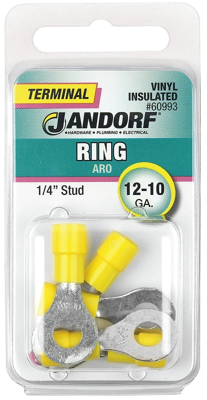 Jandorf Ring Terminal, 12 to 10 AWG Wire, 1/4 in Stud, Yellow #60993