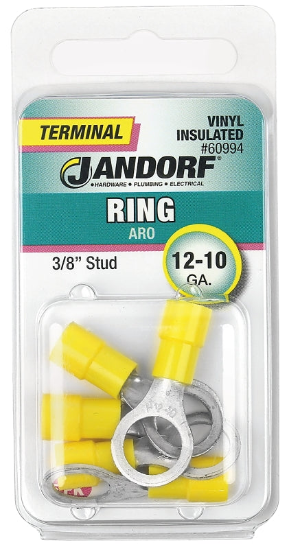 Jandorf Ring Terminal, 12 to 10 AWG Wire, 3/8 in Stud, Yellow #60994