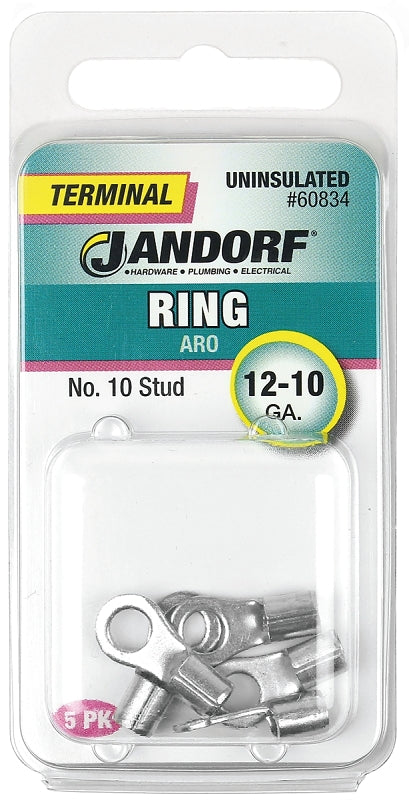 Jandorf Ring Terminal, 12 to 10 AWG Wire, Copper Contact, Tin Contact Coating, #10 Stud #60834