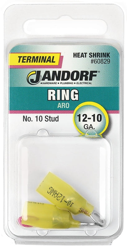 Jandorf Ring Terminal, 12 to 10 AWG Wire, Copper Contact, Tin Contact Coating, #10 Stud, Yellow #60829