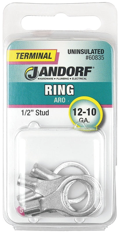 Jandorf Ring Terminal, 12 to 10 AWG Wire, Copper Contact, Tin Contact Coating, 1/2 in Stud #60835