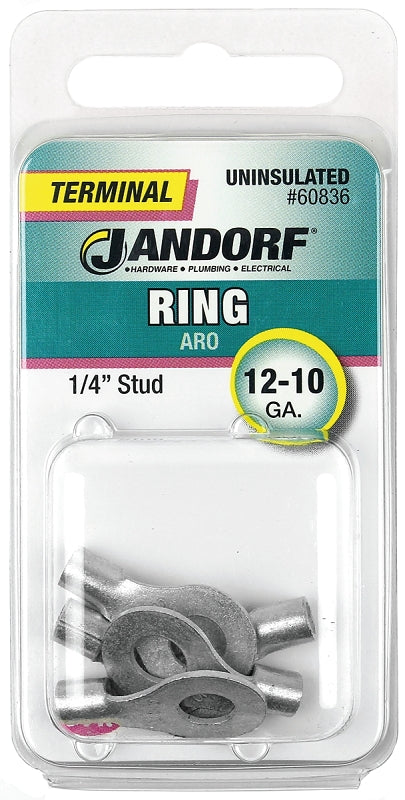 Jandorf Ring Terminal, 12 to 10 AWG Wire, Copper Contact, Tin Contact Coating, 1/4 in Stud #60836