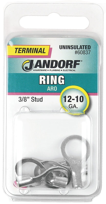 Jandorf Ring Terminal, 12 to 10 AWG Wire, Copper Contact, Tin Contact Coating, 3/8 in Stud #60837