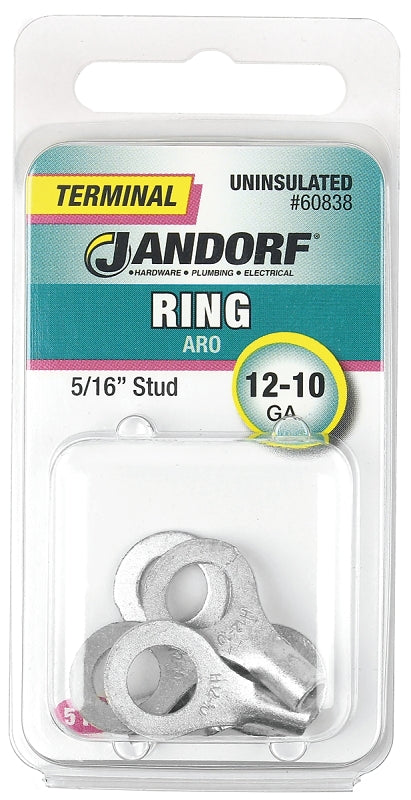 Jandorf Ring Terminal, 12 to 10 AWG Wire, Copper Contact, Tin Contact Coating, 5/16 in Stud #60838