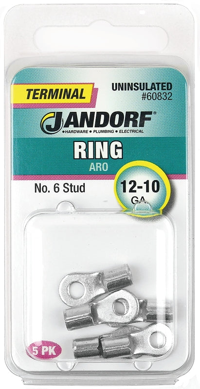 Jandorf Ring Terminal, 12 to 10 AWG Wire, Copper Contact, Tin Contact Coating, #6 Stud #60832