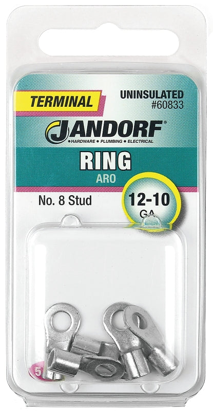 Jandorf Ring Terminal, 12 to 10 AWG Wire, Copper Contact, Tin Contact Coating, #8 Stud #60833