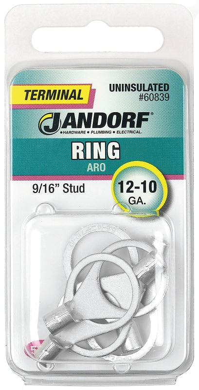 Jandorf Ring Terminal, 12 to 10 AWG Wire, Copper Contact, Tin Contact Coating, 9/16 in Stud #60839