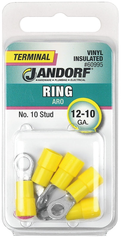 Jandorf Ring Terminal, 12 to 10 AWG Wire, Vinyl Insulation, Copper Contact, Tin Contact Coating, #10 Stud, Yellow #60995