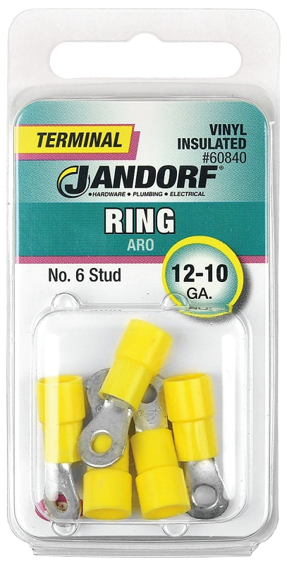 Jandorf Ring Terminal, 12 to 10 AWG Wire, Vinyl Insulation, Copper Contact, Tin Contact Coating, #6 Stud, Yellow #60840