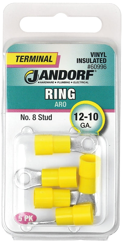 Jandorf Ring Terminal, 12 to 10 AWG Wire, Vinyl Insulation, Copper Contact, Tin Contact Coating, #8 Stud, Yellow #60996