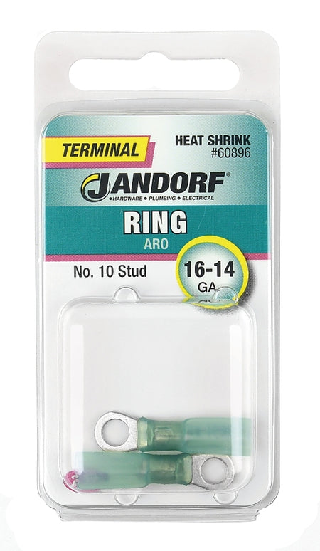 Jandorf Ring Terminal, 16 to 14 AWG Wire, #10 Stud, Green #60896