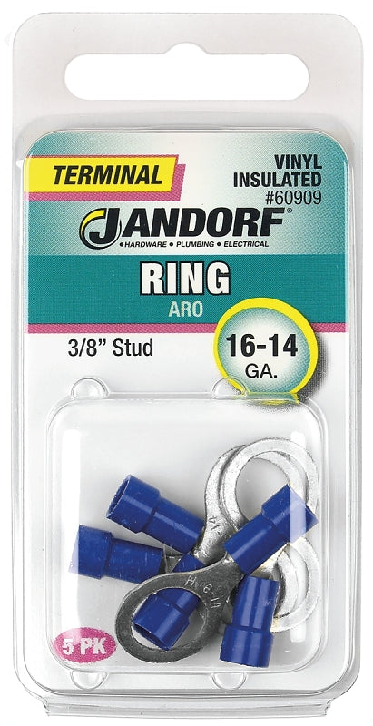 Jandorf Ring Terminal, 16 to 14 AWG Wire, 3/8 in Stud, Blue #60909