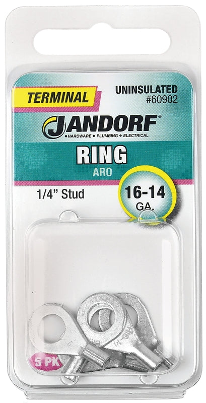 Jandorf Ring Terminal, 16 to 14 AWG Wire, Copper Contact, Tin Contact Coating, 1/4 in Stud #60902