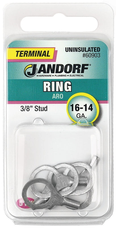 Jandorf Ring Terminal, 16 to 14 AWG Wire, Copper Contact, Tin Contact Coating, 3/8 in Stud #60903