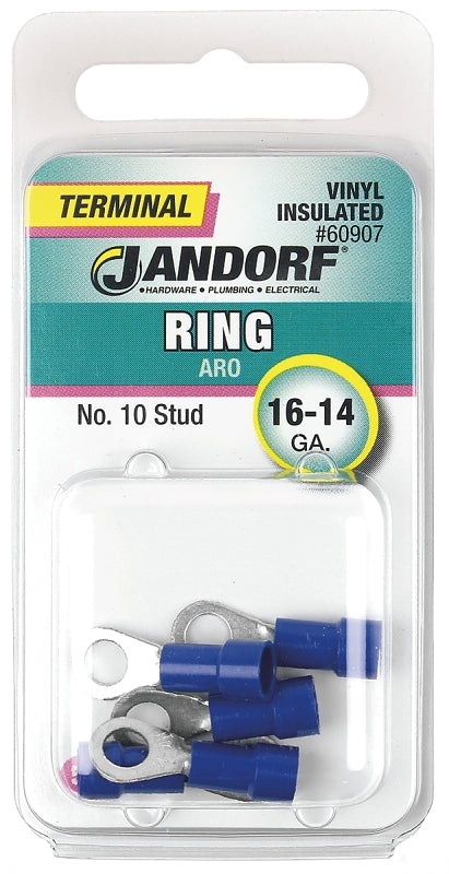 Jandorf Ring Terminal, 16 to 14 AWG Wire, Vinyl Insulation, Copper Contact, Tin Contact Coating, #10 Stud, Blue #60907