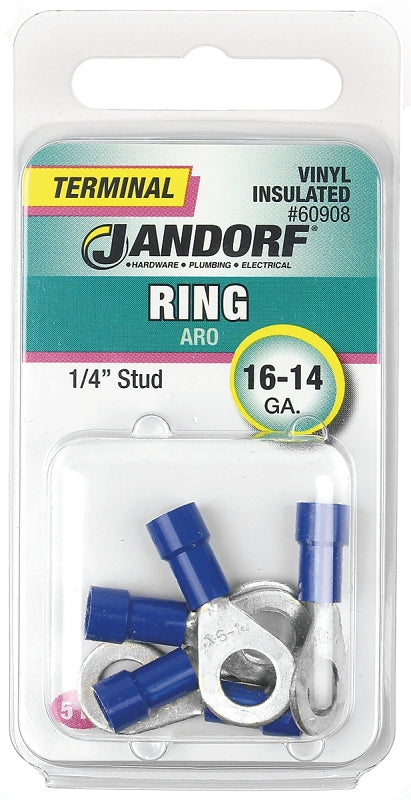 Jandorf Ring Terminal, 16 to 14 AWG Wire, Vinyl Insulation, Copper Contact, Tin Contact Coating, 1/4 in Stud, Blue #60908