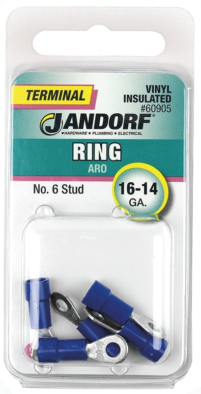 Jandorf Ring Terminal, 16 to 14 AWG Wire, Vinyl Insulation, Copper Contact, Tin Contact Coating, #6 Stud, Blue #60905