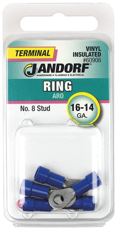 Jandorf Ring Terminal, 16 to 14 AWG Wire, Vinyl Insulation, Copper Contact, Tin Contact Coating, #8 Stud, Blue # 60906