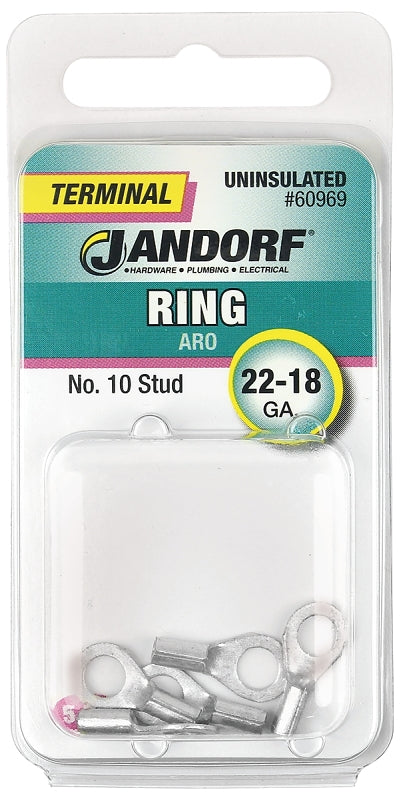 Jandorf Ring Terminal, 22 to 18 AWG Wire, #10 Stud, Copper Contact #60969