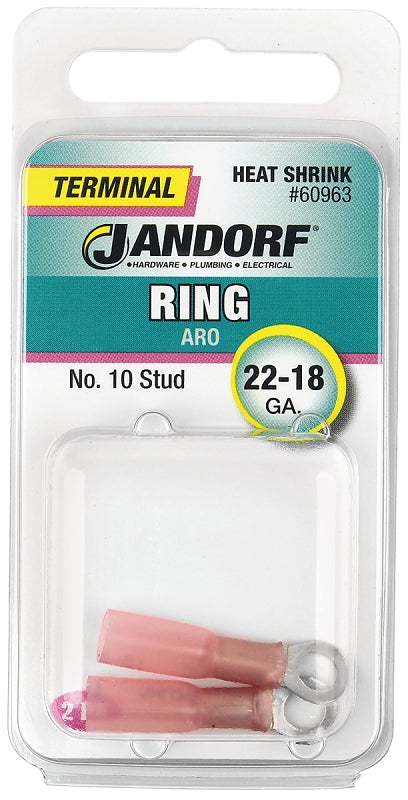 Jandorf Ring Terminal, 22 to 18 AWG Wire, #10 Stud, Pink #60963