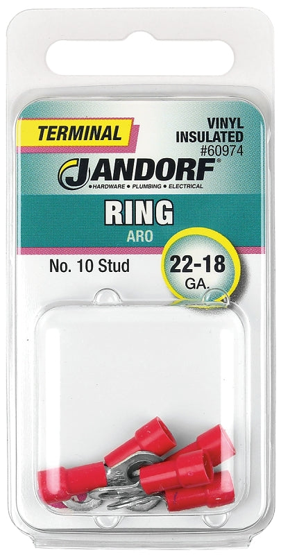 Jandorf Ring Terminal, 22 to 18 AWG Wire, #10 Stud, Vinyl Insulation, Copper Contact, Red #60974