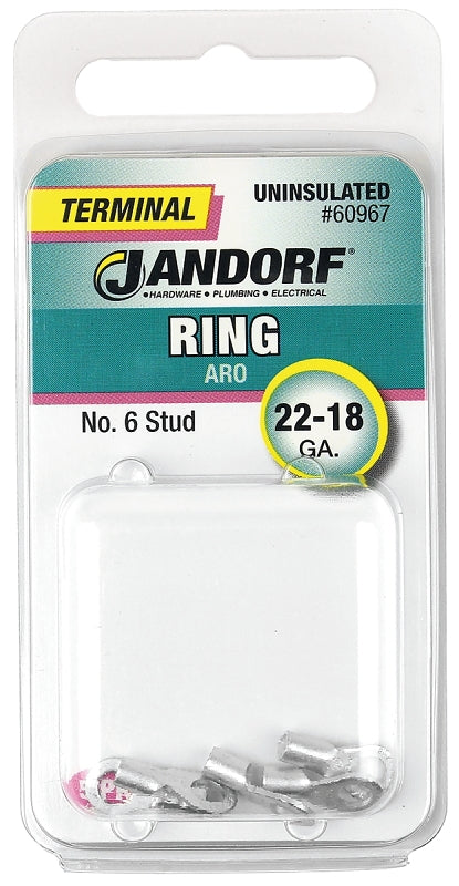 Jandorf Ring Terminal, 22 to 18 AWG Wire, #6 Stud, Copper Contact, 5/PK #60967