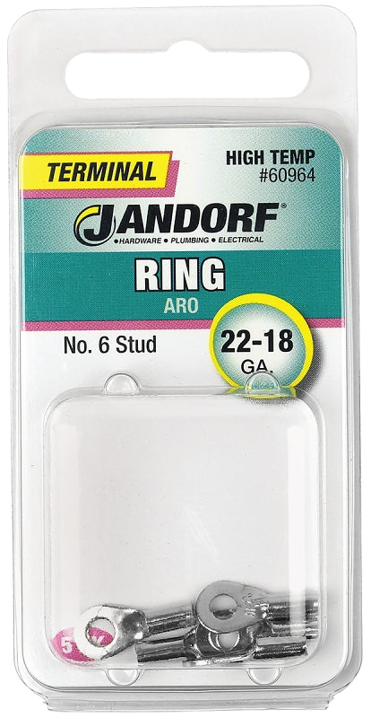 Jandorf Ring Terminal, 22 to 18 AWG Wire, #6 Stud, Copper Contact, Tin, 5/PK #60964