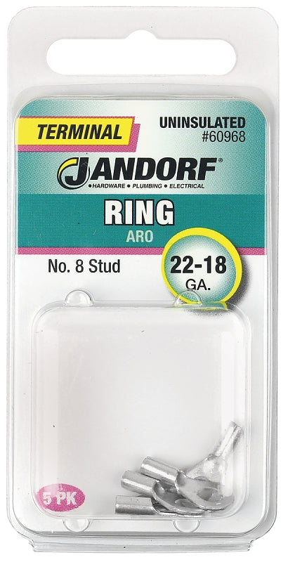 Jandorf Ring Terminal, 22 to 18 AWG Wire, #8 Stud, Copper Contact #60968