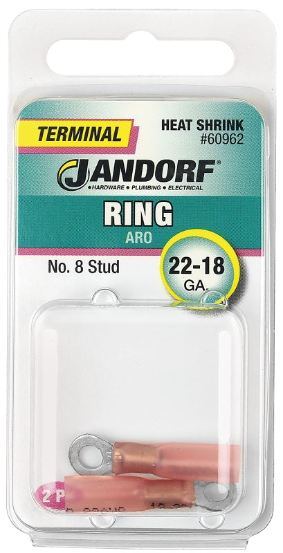Jandorf Ring Terminal, 22 to 18 AWG Wire, #8 Stud, Copper Contact, Pink #60962