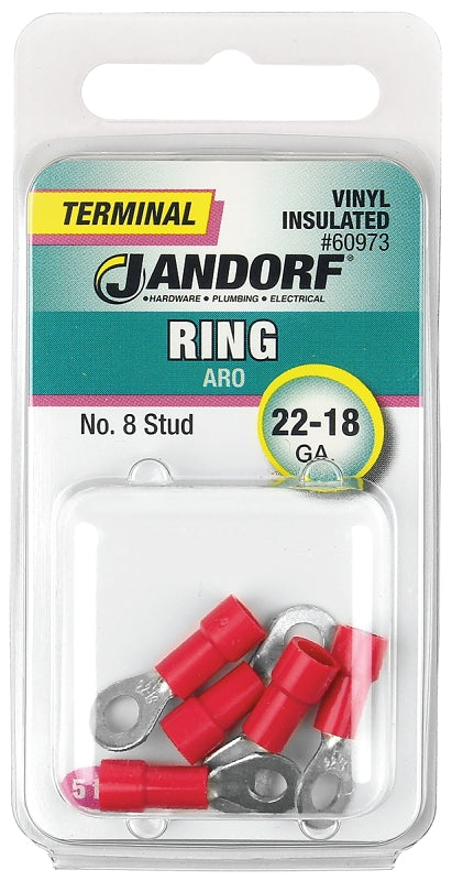 Jandorf Ring Terminal, 22 to 18 AWG Wire, #8 Stud, Vinyl Insulation, Copper Contact, Red #60973