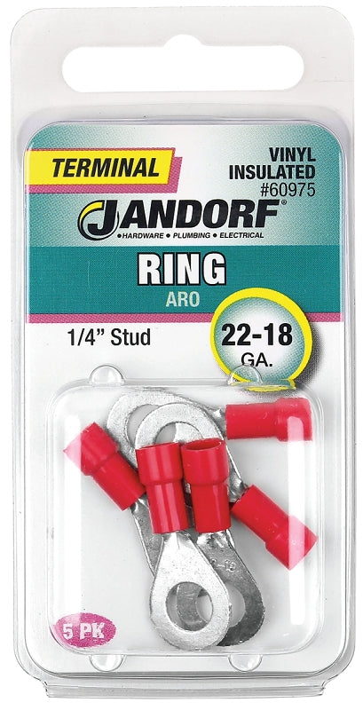 Jandorf Ring Terminal, 22 to 18 AWG Wire, Vinyl Insulation, Copper Contact, Tin Contact Coating, 1/4 in Stud, Red #60975
