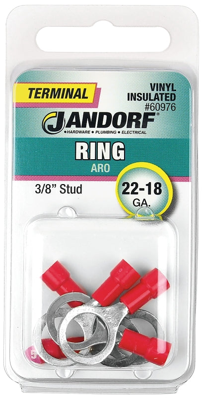 Jandorf Ring Terminal, 22 to 18 AWG Wire, Vinyl Insulation, Copper Contact, Tin Contact Coating, 3/8 in Stud, Red #60976
