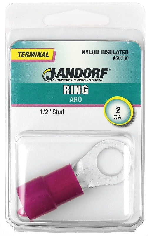 Jandorf Ring Terminal, 2 AWG Wire, 1/2 in Stud, Nylon Insulation, Copper Contact, Red #60780