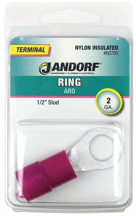 Jandorf Ring Terminal, 2 AWG Wire, 1/2 in Stud, Nylon Insulation, Copper Contact, Red #60780