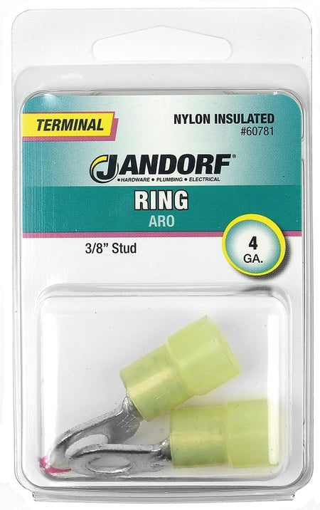 Jandorf Ring Terminal, 4 AWG Wire, 3/8 in Stud, Nylon Insulation, Copper Contact, Yellow #60781