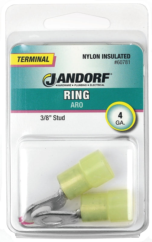 Jandorf Ring Terminal, 4 AWG Wire, 3/8 in Stud, Nylon Insulation, Copper Contact, Yellow #60781