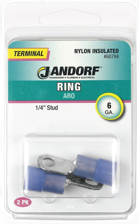 Jandorf Ring Terminal, 6 AWG Wire, 1/4 in Stud, Nylon Insulation, Copper Contact, Blue #60784