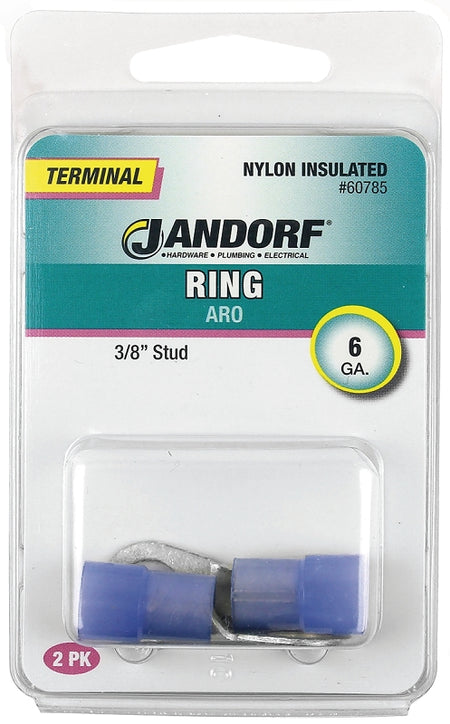 Jandorf Ring Terminal, 6 AWG Wire, 3/8 in Stud, Nylon Insulation, Copper Contact, Blue #60785
