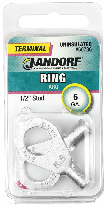 Jandorf Ring Terminal, 6 AWG Wire, Copper Contact, Tin Contact Coating, 1/2 in Stud #60786