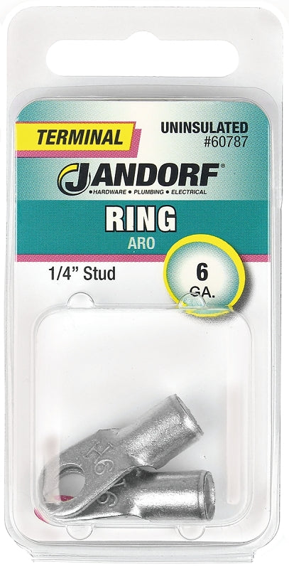 Jandorf Ring Terminal, 6 AWG Wire, Copper Contact, Tin Contact Coating, 1/4 in Stud #60787